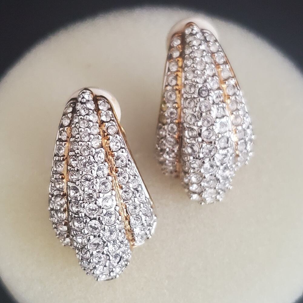 VTG Swarovski Large Earrings Clip On Pave Crystals Gold Plated 80's Swan Signed - Picture 2 of 8